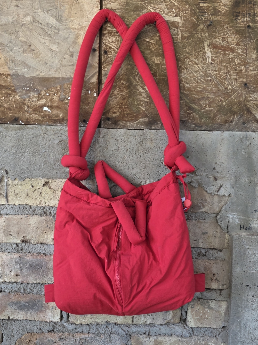 Ölend Red Ona Soft Puffy Nylon Convertible Tote Backpack Shoulder Bag